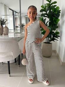 SHEIN 休闲条纹不对称肩部和下摆设计纹理黑白条纹短款T恤和裤子两件套，适合居家、度假、海滩、夏季穿着。 - 黑與白 - 查看 1