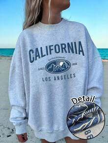 SHEIN EZwear 女士休闲圆领卫衣，女士休闲套装，加州印花 - 淺灰色 - 查看 1