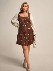 Juhart 大码女式优雅复古浪漫锈棕色灯芯绒小花卉印花方领单排扣装饰米色泡泡袖拼接长袖修身中长连衣裙，春/秋 - 鏽棕色 - 查看 4