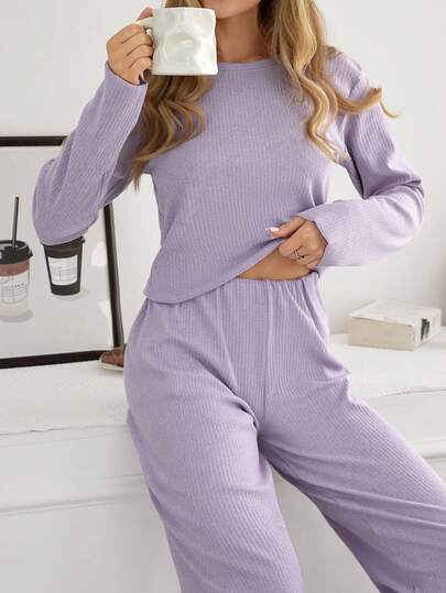 Loomlin Women Rib Knit With Round Neck Long Sleeve Shirt&Pants Homewear Comfort Lounge Pajama Set Purple Lounge Set Lavender Lounge Set Long Sleeve Lounge Set Comfy Pajama Set Purple Pajama Set