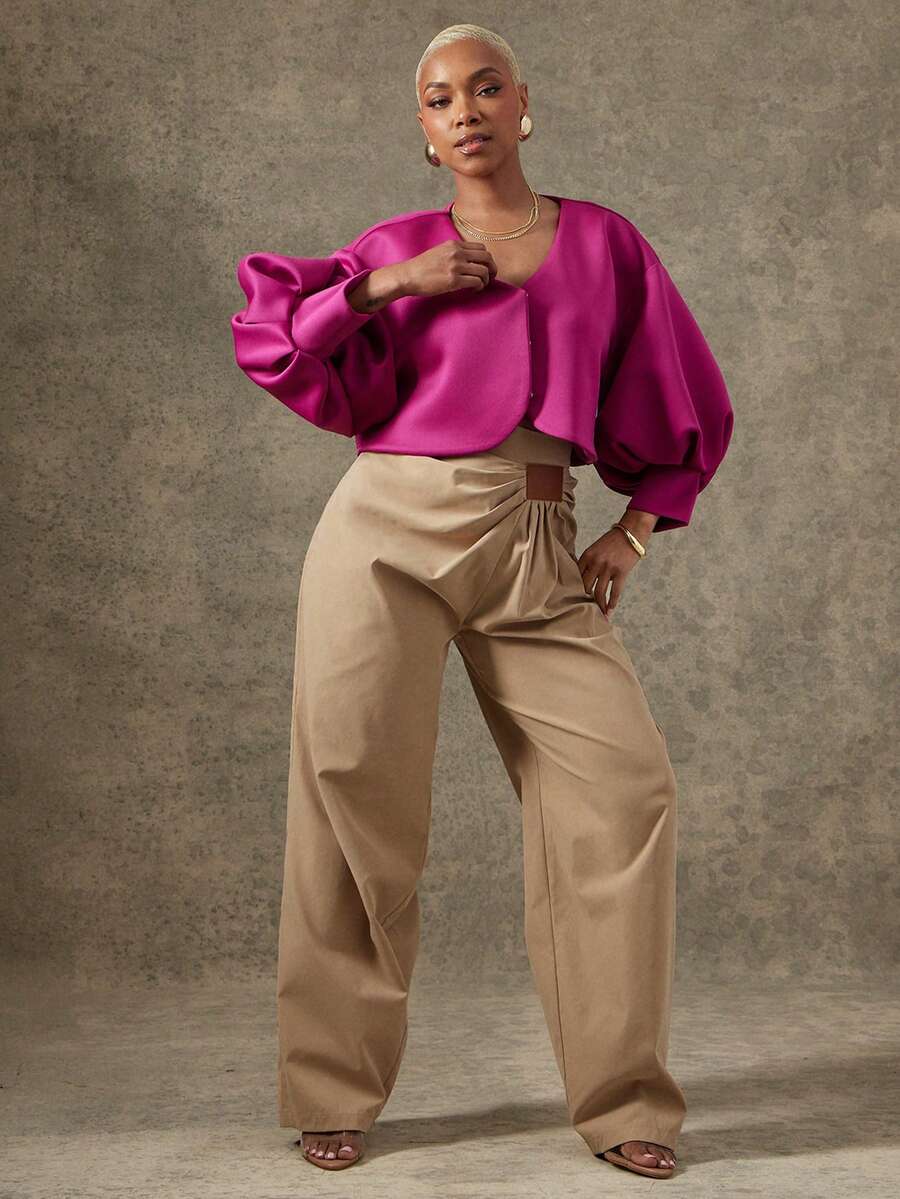 Vixey 纯色泡泡袖七分袖宽松露脐上衣 - 玫紅色 - 查看 1