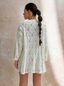EURMUSE Crochet Knit Open Front Long Sleeve Hollow Out Kimono Cardigan With Textured Pattern And Relaxed Fit For Women - White - View 2