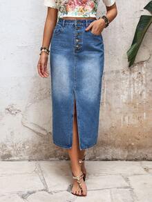 EMERY ROSE 女士休闲百搭约会旅行牛仔裙，带口袋和纽扣前开衩设计 - 藍色 - 查看 3