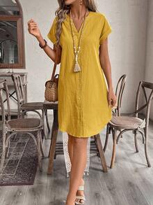 EMERY ROSE 女士纯色单排扣V领时尚约会派对迷你连衣裙芥末黄连衣裙女士休闲连衣裙夏季休闲连衣裙100%纯棉连衣裙女士夏季连衣裙100%纯棉服装女士连衣裙亚麻连衣裙女士夏季服装女士休闲连衣裙度假装女士度假连衣裙女士夏季休闲连衣裙 - 黃色 - 查看 5