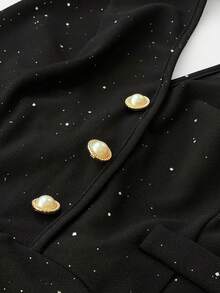 Maweii Elegant Sequin & Pearl Button Decorated Plus Size Black Romper, Suitable For Daily Commute, Party, Date - Black - View 8