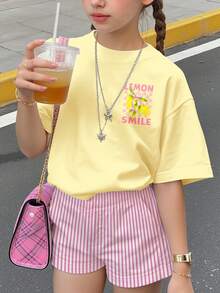 Áo thun ngắn tay cổ tròn màu vàng chanh nhạt, họa tiết nơ chanh kiểu retro, phong cách tối giản thường ngày dành cho nữ tuổi teen, thích hợp mặc hàng ngày vào mùa xuân/hè, phong cách đường phố, đi chơi, du lịch, họp mặt, đi học hoặc đi biển mùa hè. - Nhiều màu - Xem 2