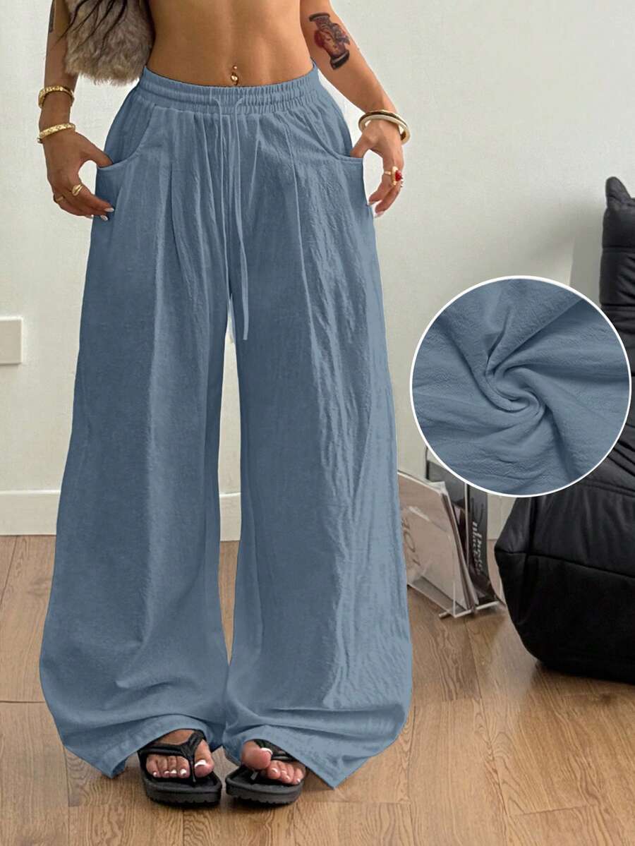 Coolane Trang phục mùa hè tối giản phong cách Boho cho nữ, quần ống rộng cạp thấp thoải mái bằng vải lanh, thích hợp cho kỳ nghỉ. - Màu xanh bụi bặm - Xem 1