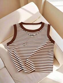 New Arrival Fashionable Versatile Khaki Striped Round Neck Tank Top For Women - Multicolor - View 5