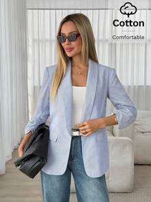 Easowa Blazer delgado a rayas de estilo casual y de oficina para mujer. Blazer de algodón a rayas de estilo casual para mujer con mangas de tres cuartos, abierto por delante, en azul, blanco y azul claro a rayas. Chaqueta de traje cómoda de algodón con mangas fruncidas para mujer. - Multicolor - Ver 3