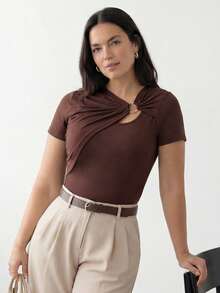 Juhart Plus Size Women's Solid Color Round Ring Pattern Fitted Short Sleeve T-Shirt - Chocolate Brown - View 9