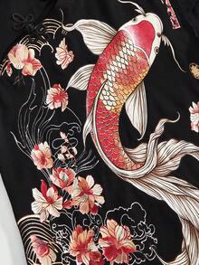 ROMWE Avant Women's Y2K Retro New Chinese Style Koi Fish Print Button Decor Cap Sleeve T-Shirt - Black - View 4