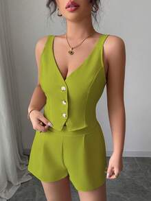 Selianne Bộ 2 món áo thun trơn màu đơn giản cài nút phía trước + quần short cho nữ - Màu vàng - Xem 5