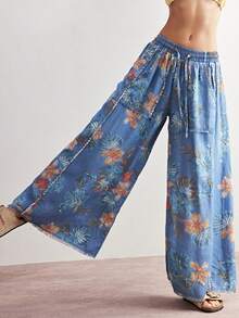 SHEIN BohoFeels Boho Spring/Summer, Vintage Women's Casual Woven Bohemia Vintage Floral Print Vintage Washed Wide Leg Pants, Casual Vacation, Western Country Style Concert Party, Suitable For Beach Vacation & Daily Wear & Back To School & Going Outs & Party & Graduation, 2000s, Y2Ks, Summer Holidays - Blue - View 2