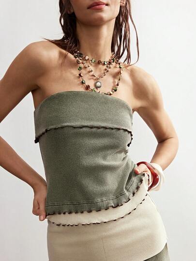 Bohemela Boho Spring/Summer Outfits, Vintage Women's Vacation Beach Bohemia Solid Color Oliver Green Knit Vintage Washed Patchwork Fitted Tube Top, Casual Vacation, Western Country Style Concert Party Outfits, Suitable For Beach Vacation Outfit & Daily Wear & Back To School & Going Out Outfits & Party Outfits, 2000s Outfits, Y2k Clothes, Summer Holiday Outfits