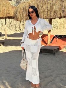 EURMUSE Open-Knit Lace Pattern Cardigan & Maxi Skirt Co-Ord Set - Apricot - View 3