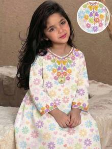 SHEIN Vestido de manga larga con estampado de flamenco para niña joven, estilo de vacaciones, vestido árabe floral rosa para niñas jóvenes en otoño, elegante cuello floral, vestido árabe de manga larga casual y sencillo, adecuado para usar en primavera y verano, elegante y digno vestido de manga larga, bata de oración, cómodo y casual, estilo de vacaciones, digna bata kaftan, bata árabe para niños, ropa pakistaní jalabiya para niñas jóvenes - Multicolor - Ver 3