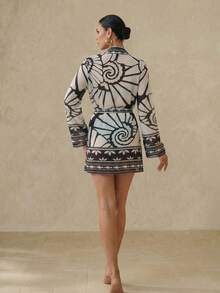 Swim Chiccia 波西米亚海滩度假风海洋贝壳印花雪纺和服罩衫（女士款） - 黑與白 - 查看 2