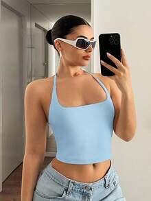 SHEIN ICON 女士纯色吊带系腰休闲上衣 - 藍色 - 查看 5