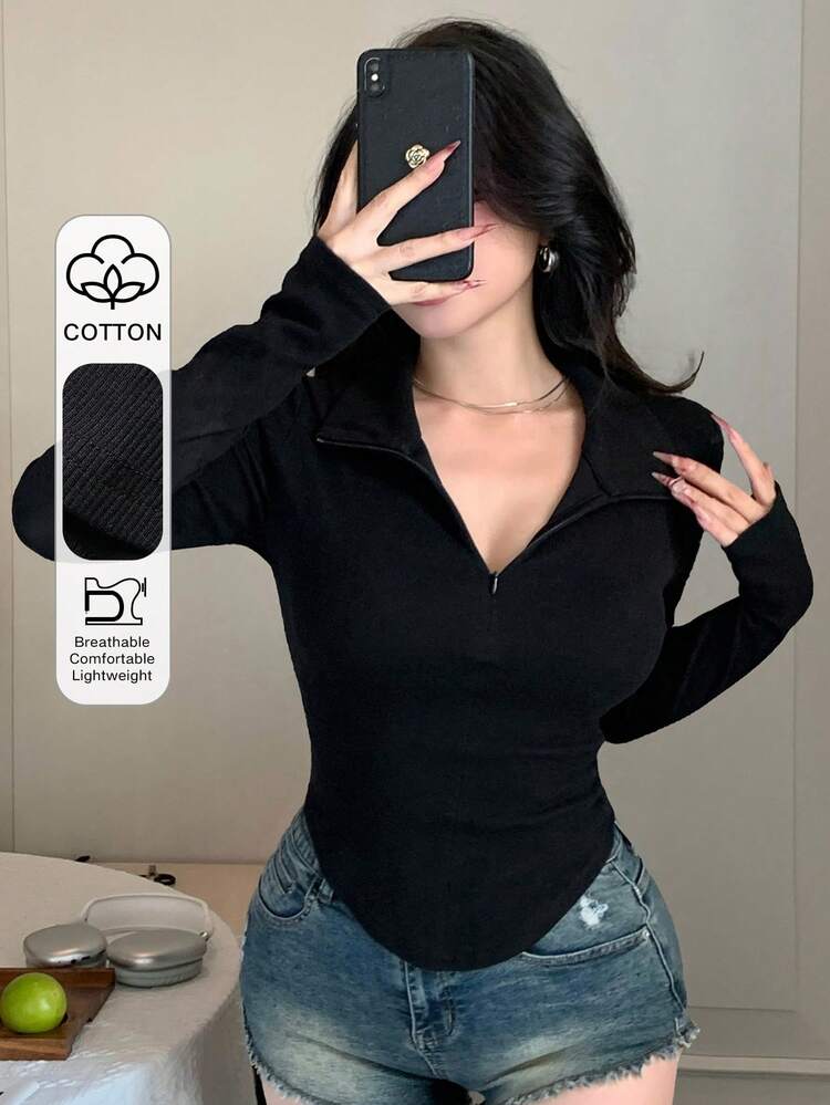 Women's Asymmetric Hem Long Sleeve Fitted T-Shirt, Stylish Music Festival Casual Top, Suitable For Summer, Spring, Autumn