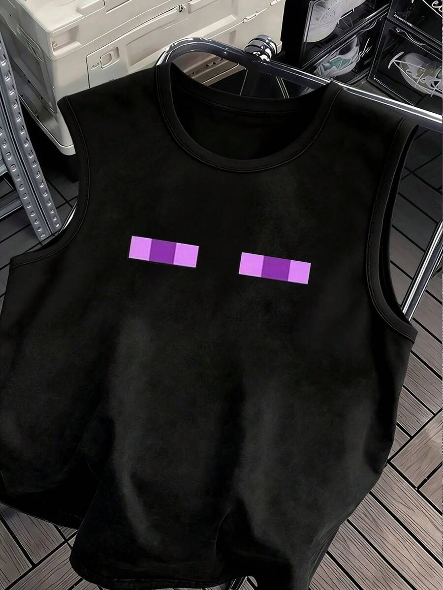 Manfinity Dauomo 男士几何印花圆领休闲百搭背心 - 黑色 - 查看 1