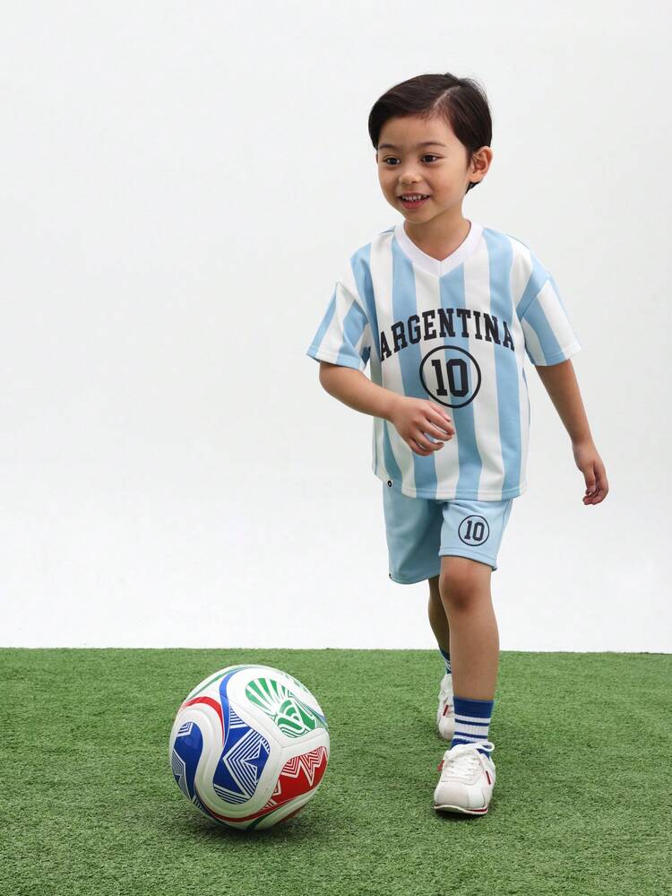 Boys Argentina Inspired Light Blue White Striped Short Sleeve Jersey Top With Matching Elastic Waist Shorts Set Summer Football Fan Casual Wear , World Cup