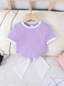 Kleine Mädchen Einfarbig Gestrickt Figurbetont Kurzes Rückenfrei T-Shirt mit Organza Oversized Schleife Dekor, Modisch Französisch Elegant, Schulanfang, Y2K, Süß & Coole Lady Stil - Mauve - Übersicht 2