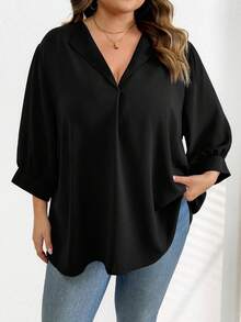 SHEIN CURVE+ Bluză neagră, casual, solidă, cu mânecă episcopală, mărime plus, ținute occidentale pentru femei, boho, hippie, cowgirl, boem, Old Money, vară, concert, festival rave, vară boho, Old Money, vară, vacanță de primăvară, festival rave, vacanță de primăvară/2026/Anul Nou - Negru - Vizualizare 12
