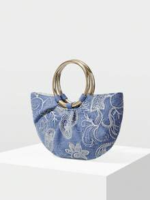 MOTF PREMIUM BOLSO DE MANO PARA MUJER, BOLSO DE TOTE SEMI-REDONDO CON BORDADO DELICADO - Celeste - Ver 2