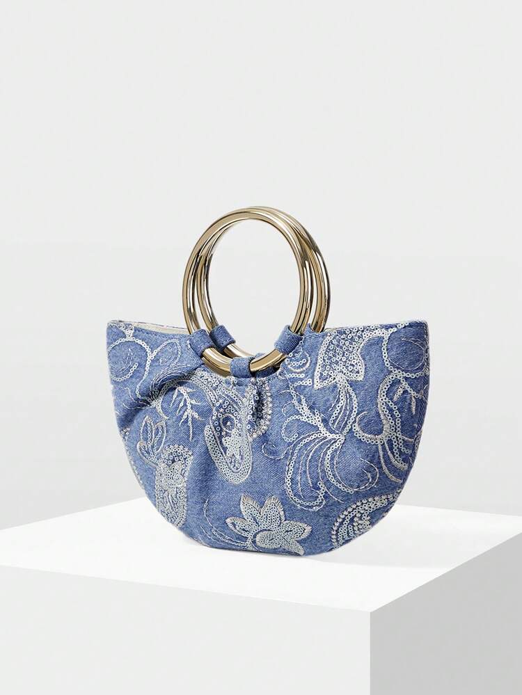 WOMEN'S HANDBAG, DELICATELY EMBROIDERED SEMI-ROUND TOTE BAG