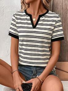 Lymera Women's Striped V-Neck Casual Everyday Short Sleeve T-Shirt, Spring/Summer - Multicolor - View 1