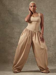 Vixey Woven Structured Bodice Flowy Extra Wide Leg Drop Waist Jumpsuit - Khaki - View 3
