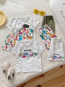 Conjunto de 6 peças para meninos pequenos, novo modelo de verão: camiseta de manga curta com gola redonda e estampa de dinossauro. Casual, versátil, fofo e multicolorido. - Multicolorido - Ver 1