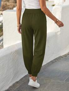 EMERY ROSE Women's Casual Solid Color Drawstring Pants Olive Green Pants - Olive Green - View 2