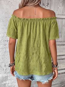 SHEIN LUNE 女士度假纯色荷叶边露肩短袖衬衫浅绿色上衣绿色夏季上衣女士露肩上衣露肩上衣绿色露肩上衣 - 綠色 - 查看 2