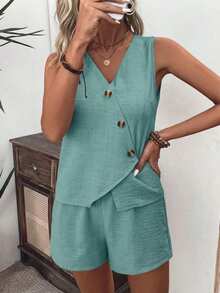 EMERY ROSE Women's Solid Color Single-Breasted Vest And Shorts Casual 2 Pieces Set - Teal Blue - View 5