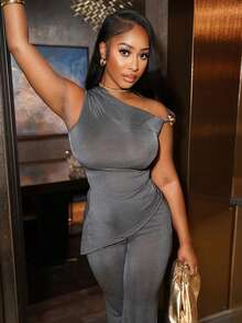 Chea Andrea 1pc Women's Asymmetric Metal Decor Bodycon Flare Sleeve Two Pieces Set - Dark Grey - View 6