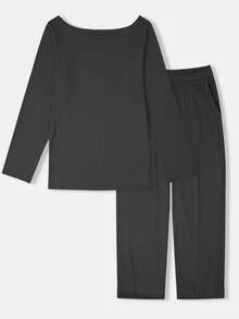 INAWLY Bộ 2 áo thun dài tay cổ tròn màu trơn và quần buộc eo cho nữ, bộ đồ thường ngày mùa xuân và mùa thu - Màu xám đen - Xem 3