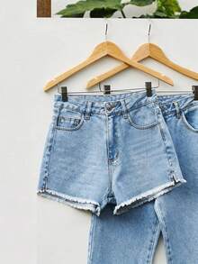 SHEIN MOD Women's Summer Casual Washed Slant Pocket Frayed Hem Denim Skorts - Blue - View 5