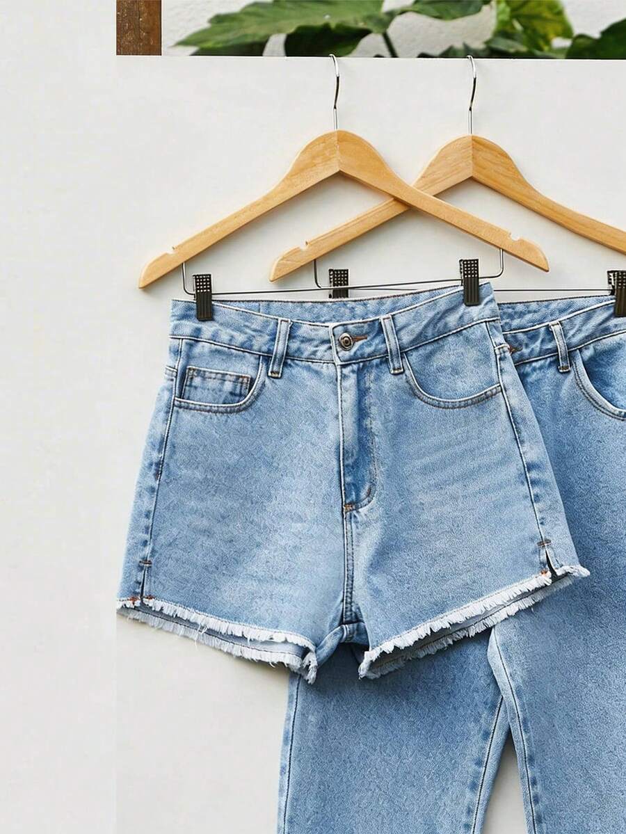 SHEIN MOD Falda pantalón de mezclilla con bolsillos en diagonal, bajo deshilachado y lavado casual para mujer - Azul - Ver 1