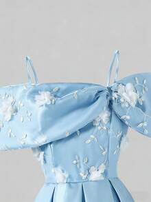 Tween Girl Off-Shoulder 3D Floral Decor Pleated Fashion Party Dress - Blue - View 7