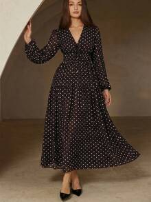 Aveloria Rosie 复古波点V领修身优雅系带长袖雪纺连衣裙 - 彩色 - 查看 4