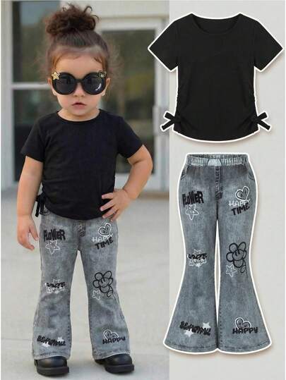 SHEIN 2 piezas Conjunto de niña bebé con camiseta casual plisada de unicolor y pantalones ajustados acampanados