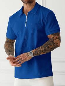 Manfinity Homme 男士純色短袖休閒通勤 Polo 衫，藍色拉鍊紋理襯衫 - 寶藍色 - 查看 3