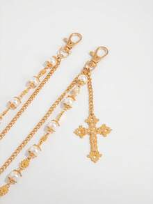 ROMWE Goth 1 chiếc dây đeo quần phong cách cổ điển, thanh lịch, tối giản, đính pha lê và ngọc trai giả nhiều màu sắc, dây đeo chéo vai dành cho nam giới theo phong cách punk hip hop, dùng để trang trí quần. - Vàng vàng chéo ngọc trai chuỗi eo - Xem 2