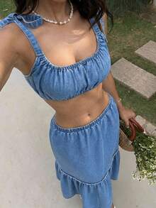 Sunnyshic Women's Casual Vacation Denim Crop Top And Mini Skirt Set - Blue - View 1