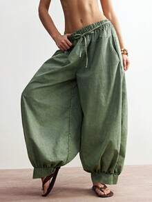Bohemela Pantalones anchos de pierna ancha, sueltos y tejidos de unicolor para mujer - Verde militar - Ver 1