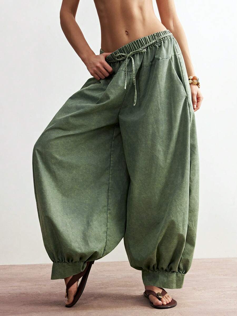 Bohemela Pantalones anchos de pierna ancha, sueltos y tejidos de unicolor para mujer - Verde militar - Ver 1