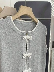 Franclia New Korean Design Contrast Stitching Layered Knit Vest For Women, Fashionable Sleeveless Cardigan Top For Autumn/Winter - Light Grey - View 8