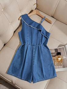 Qadelle Bộ áo liền quần denim thêu dành cho nữ mùa hè - Rửa trung bình - Xem 3