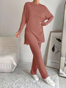 EURMUSE Women's Solid Color Round Neck Drop Shoulder Long Sleeve Ribbed T-Shirt And Pants Casual 2 Pieces Set, Autumn - Rusty Rose - View 7